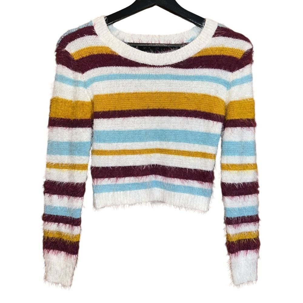 Love Tree Cropped Striped Sweater Womens‎ M Gold Blue Cream Eyelash